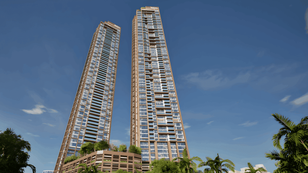 Twin luxury towers of Runwal Raaya Worli, Mumbai surrounded by landscaped podium