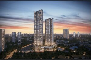 Avenue 11 Mahalaxmi luxury residential towers by Chhabria Group and Godrej Properties at sunset, South Mumbai
