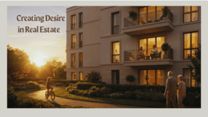 Sunset view of a modern residential building with landscaped gardens, reflecting the idea of creating desire in real estate