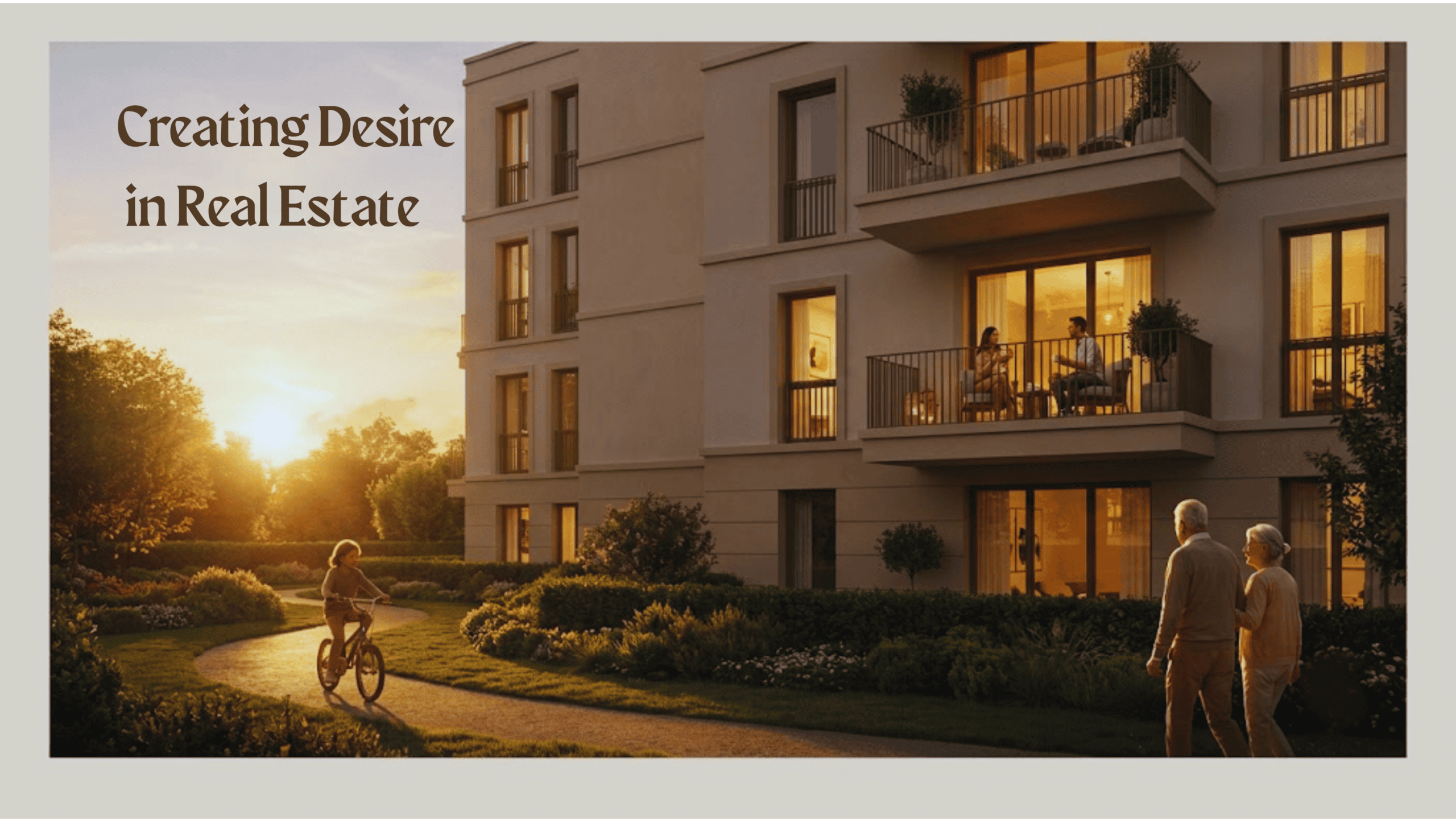 Sunset view of a modern residential building with landscaped gardens, reflecting the idea of creating desire in real estate